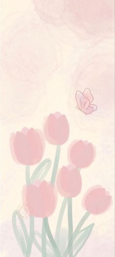 pink tulips and a butterfly in the sky