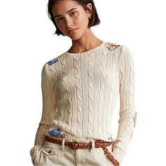 Brand New With Tag Polo Ralph Lauren Patchwork Cable Knit Pima Cotton Sweater. Size M. Retail: $198 Plus Tax. Beautiful & Unique! Color:Cream Patchwork. Material:100% Cotton Specialty: Patchwork Spun From Lustrous Cotton Yarns In A Creamy Hue, This Version Of Our Iconic Cable-Knit Jumper Features Colourful Madras And Floral-Print Patches A Nod To Polo's Signature Pattern Play. Designer Fitted White Sweater, White Fitted Designer Sweater, Ralph Lauren Sweater Women, Ralph Lauren Patchwork, Cable Knit Jumper, Cable Sweater, Wool Turtleneck, Pattern Play, Ralph Lauren Sweater