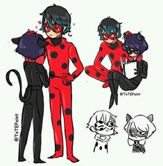 three cartoon characters are dressed up as ladybug and catwoman