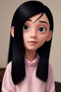 an animated girl with long black hair and blue eyes, wearing a pink sweater is looking at the camera