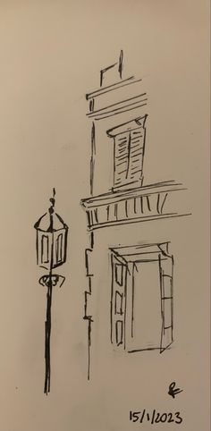 a drawing of a street light next to a building