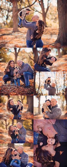 two people are hugging in the woods with autumn leaves on the ground and trees behind them