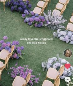 chairs and tables are arranged in the middle of a flower garden with purple flowers around them