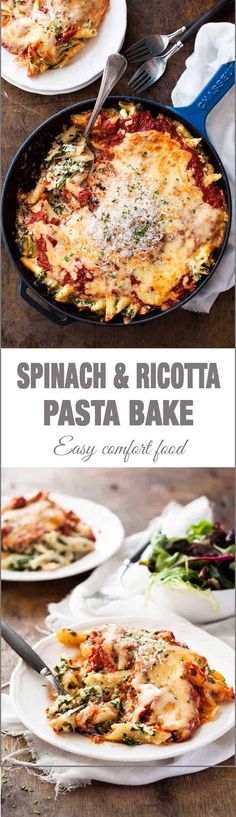 spinach and ricotta pasta bake in a cast iron pan on a wooden table