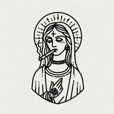 the virgin mary is depicted in this black and white drawing