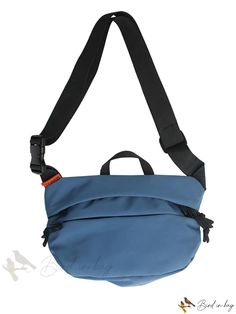 a small blue bag with black straps on the front and side pockets, hanging from a shoulder strap