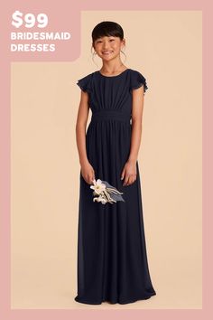 This sweet ruffle-sleeved dress is a dream for a junior bridesmaid. This design features a waistband tie in back for juniors who are between sizes. Blue Junior Bridesmaid Dresses, Navy Chiffon Bridesmaid Dress, Bridal Shower Treats, Navy Bridesmaid Dress, Formal Wedding Attire, Junior Dress, Kids Formal, Birdy Grey, Girls Formal Dresses