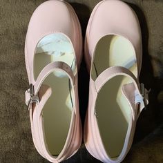 Light Pink Thick Bottom Shoes Brand New Buckles On The Sides. Says Size 39 On The Bottom Not Sure What Size That It. But A Very Pretty Light Pink.Like A Baby Pink. Cute Core Shoes, Pink Mary Jane Shoes, Pink Mary Janes, Kidcore Clothes, Sick Shoes, Thick Bottom Shoes, 80s Shoes, Pink Platform, Pink Clothes