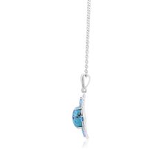 This sterling silver necklace features one 10*14mm oval kingman turquoise cabochon, four 3*5mm Swiss B.T. and one 2mm round white topaz. This product is crafted in sterling silver and comes with the stamp of 925 which guarantees the metal purity. A stunning pendant necklace featured with ocean colors exhibited by kingman turquoise, swiss blue topaz and a shimmering white topaz suspended from an elegant cable chain. Perfect for everyday wear. Blue Oval Pendant Necklace With Diamond Accents, Turquoise Oval Jewelry With Diamond Accents, Oval Turquoise Jewelry With Diamond Accents, Blue Topaz Oval Cabochon Jewelry Gift, Gift Blue Topaz Oval Cabochon Jewelry, Sterling Silver Jewelry With Oval Cabochon Accent Stones, Sterling Silver Necklaces With Oval Accent Stones, Sterling Silver Oval Necklace With Accent Stones, Blue Gemstone Accented Oval Pendant Necklace