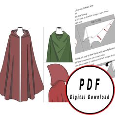 DIY Elvish Fantasy Medieval Cape Template Pattern Blueprint - Etsy Medieval Cape, Cloak Pattern, Diy Cape, Cape Pattern, Scale Pattern, Hooded Cape, Hooded Cloak, Medieval Dress, Download Button