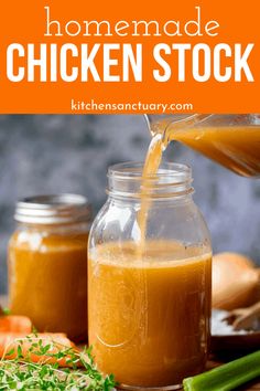 homemade chicken stock is being poured into a mason jar