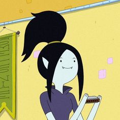 a cartoon girl holding a cell phone in her hand and looking at the screen while standing next to a banner