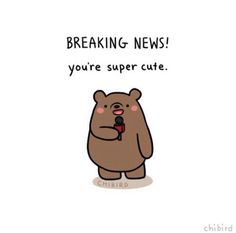 a cartoon bear holding a microphone with the caption breaking news you're super cute