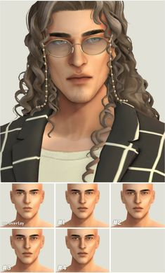 an animation image of a man with long curly hair and glasses, in different poses