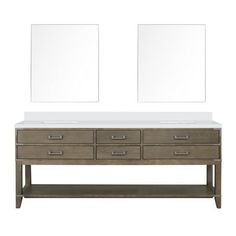 two mirrors above a double sink vanity with drawers and white counter top in front of it