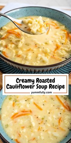 creamy roasted cauliflower soup recipe in a blue bowl