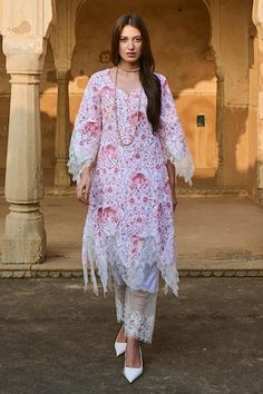 Burgundy kurta with floral print and chantilly lace details. Paired with a lace applique pant and lace border dupatta. - Aza Fashions Traditional Fitted Pants With Printed Motifs, Fitted Traditional Pants With Printed Motifs, Floral Lawn, Kurta Pant Set, Women Kurta, Straight Kurta, Kurta With Pants, Lace Border, Chantilly Lace