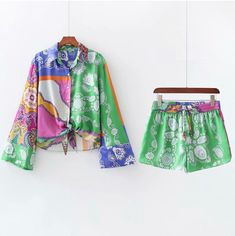 multiColored Knotted Shirt Elastic Waist Printing Short Set Green Long Sleeve Summer Sets, Casual Multicolor Long Sleeve Sets, Long Sleeve Patterned Sets For Summer, Casual Multicolor Sets With Vibrant Print, Spring Multicolor Sets With Vibrant Print, Casual Sets With Vibrant Print For Spring, Green Long Sleeve Sets For Vacation, Multicolor Vibrant Print Summer Sets, Multicolor Printed Sets For Spring