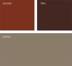 some brown and red paint colors with the words doors trim, siding, and flooring