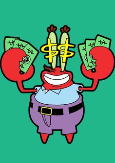 cartoon character with money on his head and two hands in the air, while another hand holds