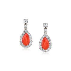 Ross-Simons - C. 1980 Vintage Red Coral, 1.60ct t. w. Diamond Drop Earrings in 18kt White Gold. C. 1980. These breathtaking earrings from our Estate collection provide the perfect pop of bold color. The drops present vibrant 10x6mm pear-shaped red coral cabochons framed by luminous 1.60 ct. t. w. round brilliant-cut diamonds. They're the ideal pair to wear in the summer or when you want to be noticed instantly! Crafted in 18kt white gold. Hanging length is 3/4". Post/clutch, diamond and red cora Coral Drop Earrings, Jewelry Presentation, Gold C, Coral Stone, Diamond Drops, Bold Color, Red Stone, Diamond Drop Earrings, Red Coral