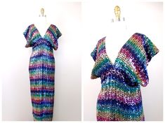 "What a colorful dress! It's fully embellished with bright sequins in a horizontal rainbow design. It's in excellent condition! Measurements: Bust - 32-36\" Waist - 30-34\" Hips - 40-44\" Length - 51\" This dress comes from a pet-free and smoke-free home. If you would like more info or have any questions, please don't hesitate to ask!" Glamorous Multicolor V-neck Sequin Dress, Multicolor Sequin Fabric For Spring Night Out, Spring Multicolor Sequin Fabric, Multicolor Sequin Fabric For Disco In Summer, Glamorous Multicolor Sequin Dress For Festive Occasion, Multicolor Sequin Summer Dress, Summer Multicolor Sequin Dress, Spring Disco Dress With Contrast Sequin, Multicolor Sequin Fabric For Summer Night Out