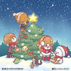 children decorating a christmas tree with teddy bears