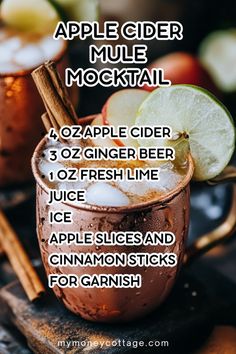 the recipe for apple cider mule cocktail is shown with cinnamons and an apple