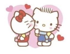 an image of hello kitty and her friend hugging each other with hearts in the background