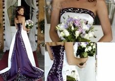 a woman in a purple and white wedding dress holding a bouquet with flowers on it