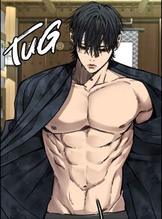 an anime character with his shirt open and no shirt on, holding a knife in his hand