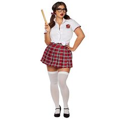 a woman in a red and white plaid skirt holding a baseball bat with both hands