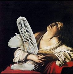 a painting of a woman with a fan on her head