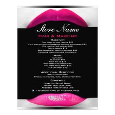 a flyer for a hair and make up event with pink lipstick on the front, black background