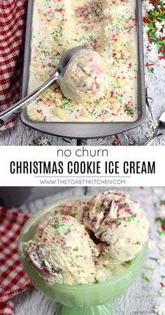 no churn christmas cookie ice cream in a green bowl