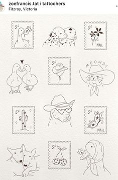 the stamps are drawn on paper with different animals and flowers in them, including one that is