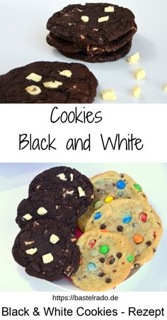 cookies and white chocolate are on the table with text that reads cookies, black and white