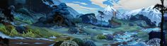 an animated scene with mountains and trees