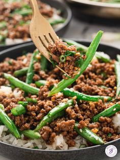 green beans and ground meat in a pan