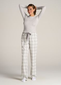 About Our Women’s Tall Flannel Pajamas You’ll never want to get out of bed when you’re wearing these women’s tall pajama pants. For years, tall women have had to settle for PJs that are way too short and fit in all the wrong places, but not anymore. You loved our classic flannel PJs and now we’re bringing you a pair with a regular fit and an open-bottom leg with all the length you need. These pajama pants have been designed exclusively for women between 5’9” and 6’6” with two different length op White Pajamas Women, Plaid Pjs Outfit, Pj Pants Aesthetic, Pyjamas Aesthetic, Sleepwear Aesthetic, Pajama Pants Outfit, Fuzzy Pj Pants, Pajama Pants Women, Flannel Pj Pants