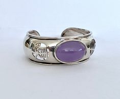 I Statement Sterling Silver Cuff Bracelet with Center Large Polished Lavender/Purple Jade Cabochon in Bezel Setting, Open Work Chinese Symbols Lampwork Bead Earrings, Purple Jade, Chinese Symbols, Sparkle Earrings, Sterling Silver Cuff Bracelet, Sterling Silver Dangle Earrings, Feb 8, Lavender Purple, Sterling Silver Cuff