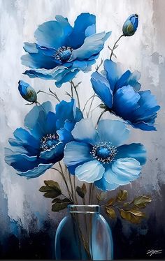 a painting of blue flowers in a vase