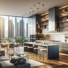 a living room filled with furniture next to a kitchen and dining area in front of large windows