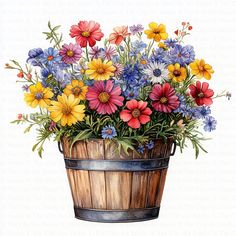 a painting of colorful flowers in a wooden bucket