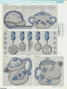 the cross stitch pattern is shown in blue and white