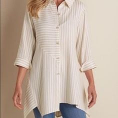 New With Tag No Stains No Rips No Flaws Size S Tan White Striped Buttons Front Smoke And Pet Free Home Armpit To Armpit Laying Flat-19 Length-30 Sleeve Length-19 T6 Casual Workwear Blouse With High-low Hem, Casual High-low Hem Blouse For Spring, Casual High-low Hem Blouse For Work, Spring Shirt With Asymmetrical Hem And Relaxed Fit, Spring Shirt With Relaxed Fit And Asymmetrical Hem, Curved Hem Tops For Daywear In Spring, Relaxed Fit Shirt With Asymmetrical Hem For Spring, White Shirt With Asymmetrical Hem For Spring, Casual Tops With Curved Hem For Daywear