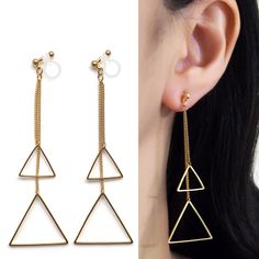 Gold Triangle Invisible Clip On Earrings Dangle Geometric Clip Earrings Non Pierced Earrings Long Minimalist Clip-on Earrings Gift For Her 🌟MiyabiGrace shop home. More invisible clip on earrings: click here https://www.etsy.com/shop/MiyabiGrace Details ◆Length : 3 inches ( 7.8 cm ) ◆Weight: 2 g ( 0.07 oz ) super lightweight!! ★Payment: PayPal You can checkout without PayPal account. You can use your credit card though PayPal for payment. More details: https://www.etsy.com/listing/493072802/how- Minimalist Metal Clip-on Earrings For Gift, Minimalist Metal Clip-on Jewelry, Adjustable Metal Minimalist Cartilage Earrings, Minimalist Triangle Jewelry For Pierced Ears, Modern Metal Dangle Clip-on Earrings, Modern Metal Drop Cartilage Earrings, Elegant Adjustable Geometric Earrings, Minimalist Triangle Jewelry, Minimalist Metal Cartilage Earrings With Ear Wire