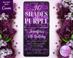 purple flowers and leaves are arranged around the phone screen to create an elegant birthday card