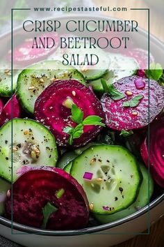 a close up of a bowl of food with cucumbers and beetroot