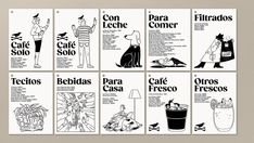 six posters with different types of food and drinks on them, all in black and white